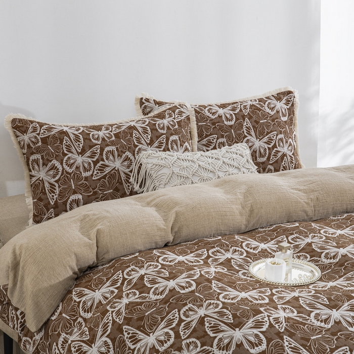 91家纺网 家纺一手货源 找家纺 鲁爱家纺供货 2025新款简易款双层纱四件套（纯跑量） 蝴蝶醉-咖