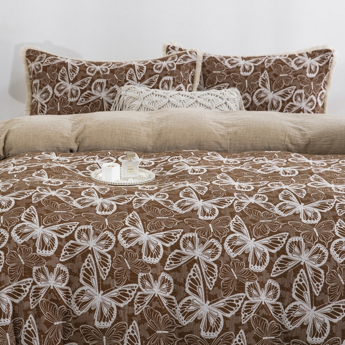 91家纺网 家纺一手货源 找家纺 鲁爱家纺供货 2025新款简易款双层纱四件套（纯跑量） 蝴蝶醉-咖