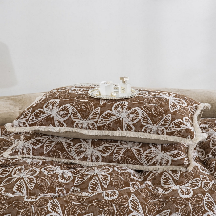 91家纺网 家纺一手货源 找家纺 鲁爱家纺供货 2025新款简易款双层纱四件套（纯跑量） 蝴蝶醉-咖