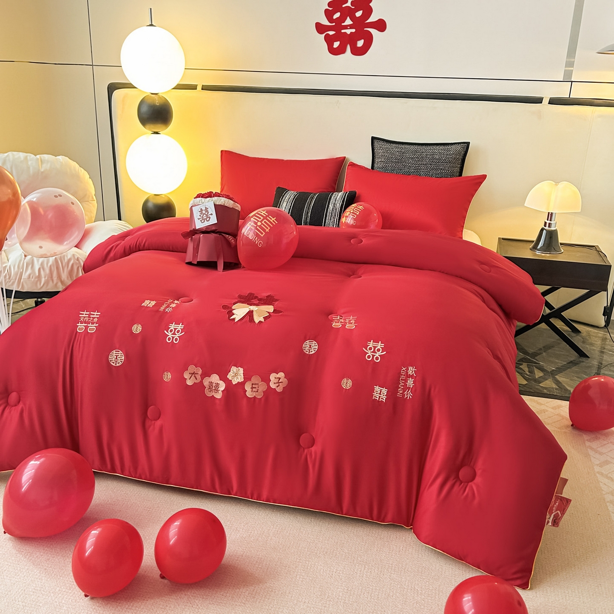 91家纺网 家纺一手货源 找家纺 壹张床 2025新款婚庆被绣花大红大豆被冬被喜庆被芯 大囍日子