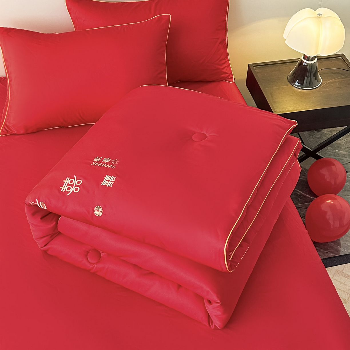 91家纺网 家纺一手货源 找家纺 壹张床 2025新款婚庆被绣花大红大豆被冬被喜庆被芯 大囍日子