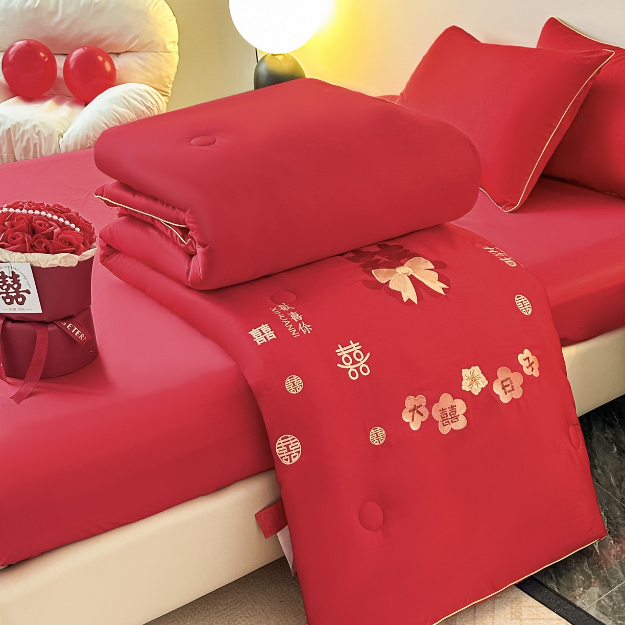 91家纺网 家纺一手货源 找家纺 壹张床 2025新款婚庆被绣花大红大豆被冬被喜庆被芯 大囍日子