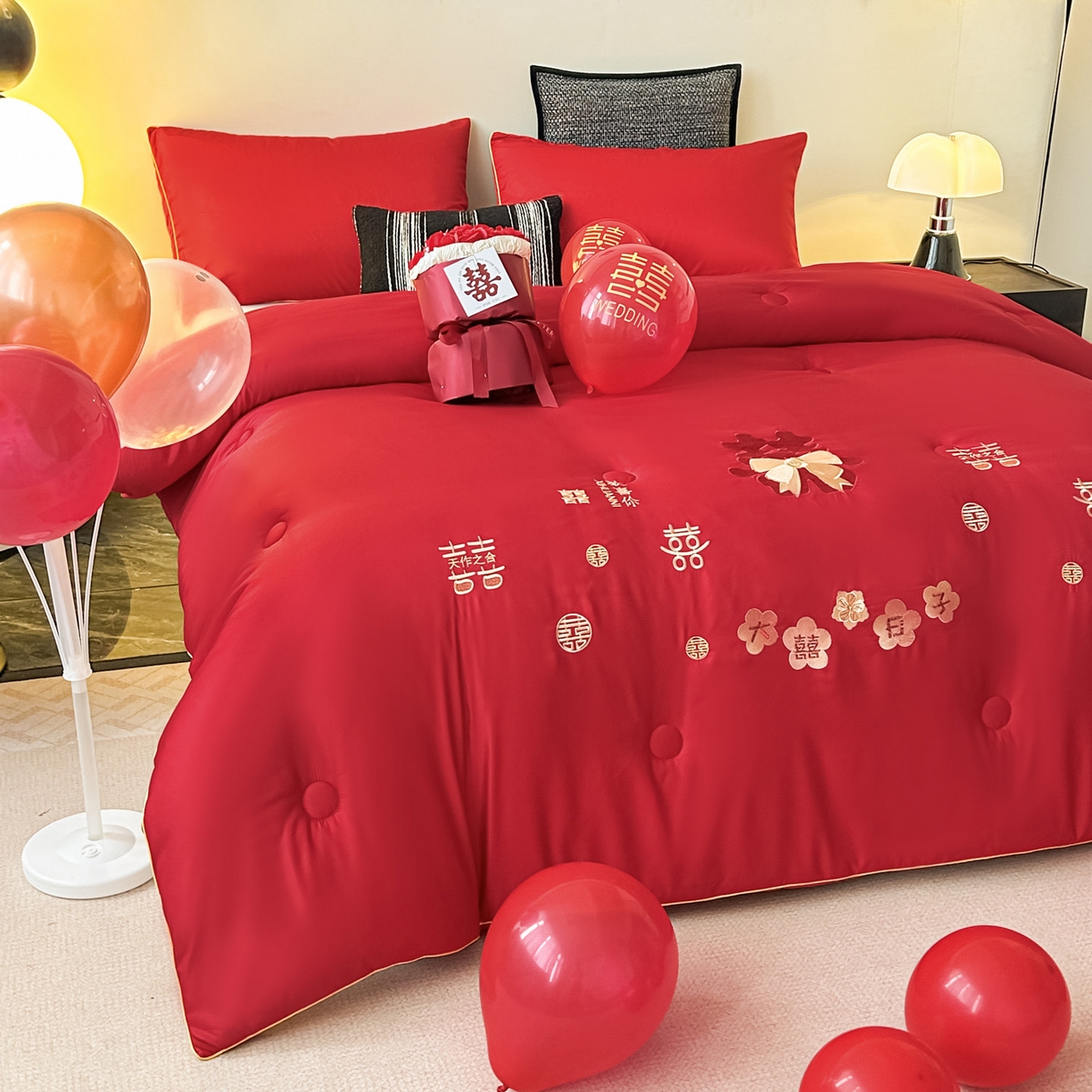 91家纺网 家纺一手货源 找家纺 壹张床 2025新款婚庆被绣花大红大豆被冬被喜庆被芯 大囍日子