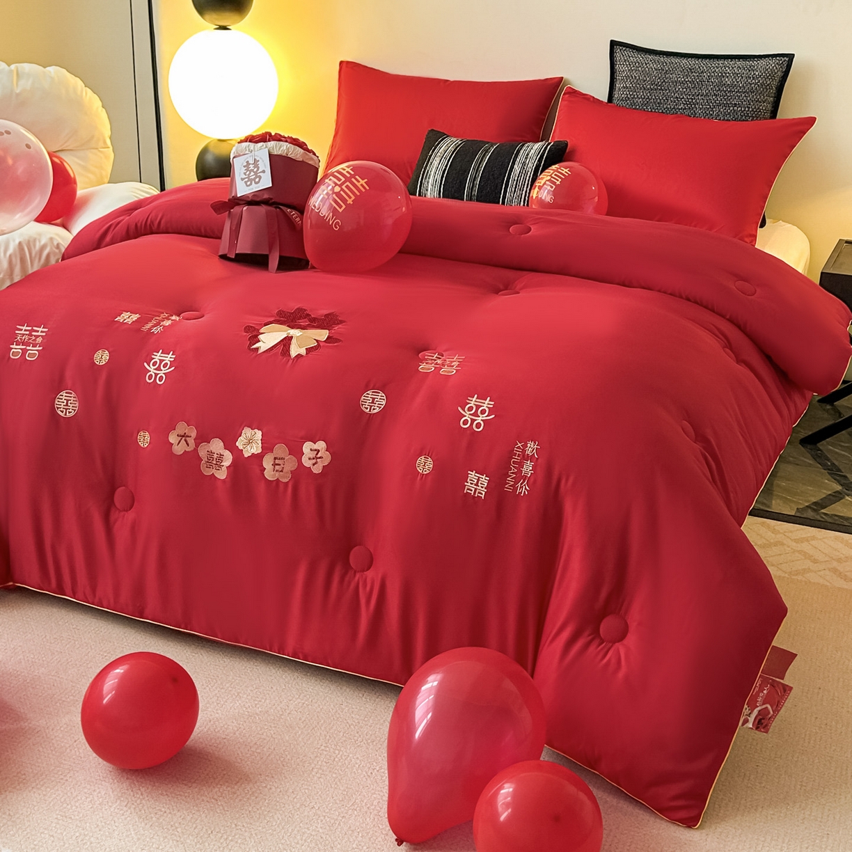 91家纺网 家纺一手货源 找家纺 壹张床 2025新款婚庆被绣花大红大豆被冬被喜庆被芯 大囍日子
