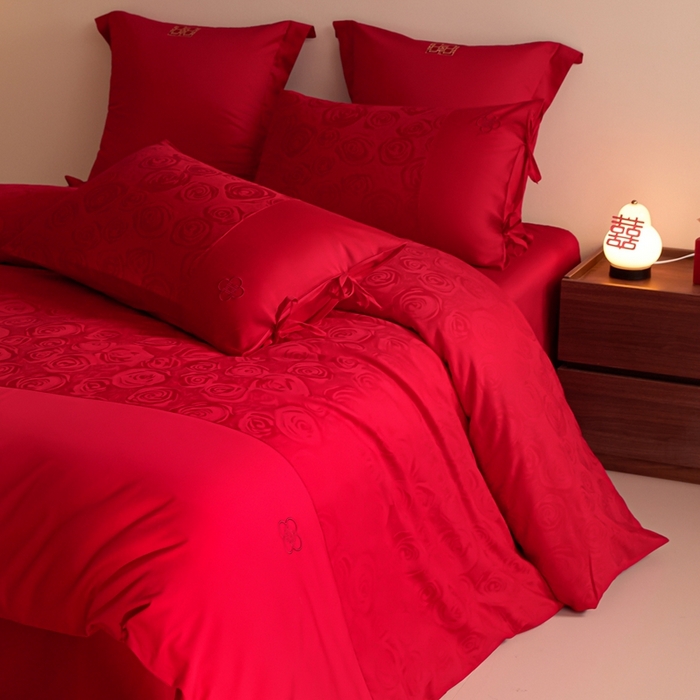 91家纺网 家纺一手货源 找家纺 东方合美（原：皇家传奇） 2025新款全棉纯棉新中式刺绣婚庆多件套-爱你 爱你-红