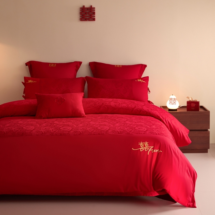 91家纺网 家纺一手货源 找家纺 东方合美（原：皇家传奇） 2025新款全棉纯棉新中式刺绣婚庆多件套-爱你 爱你-金