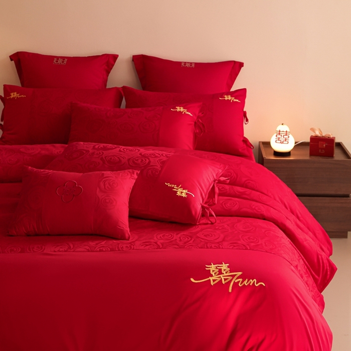 91家纺网 家纺一手货源 找家纺 东方合美（原：皇家传奇） 2025新款全棉纯棉新中式刺绣婚庆多件套-爱你 爱你-金