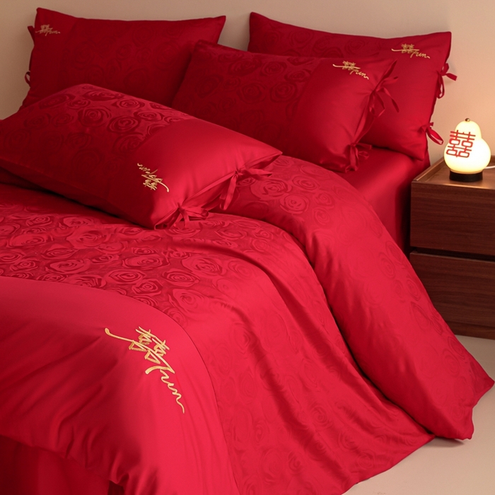 91家纺网 家纺一手货源 找家纺 东方合美（原：皇家传奇） 2025新款全棉纯棉新中式刺绣婚庆多件套-爱你 爱你-金