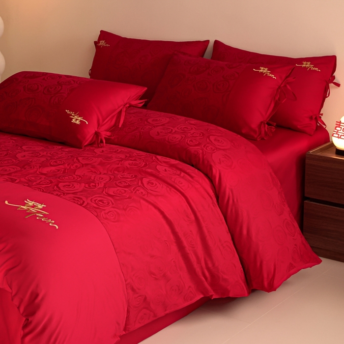 91家纺网 家纺一手货源 找家纺 东方合美（原：皇家传奇） 2025新款全棉纯棉新中式刺绣婚庆多件套-爱你 爱你-金