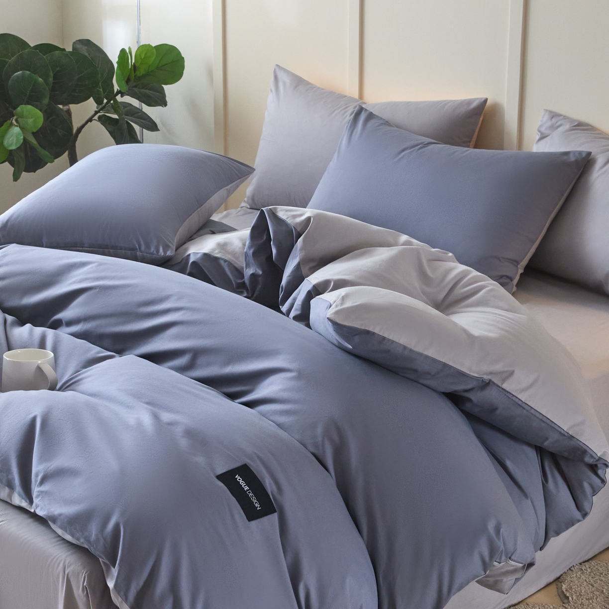 乐美家纺 2025新款全棉纯棉纯色双拼多规格四件套 布鲁兰+石灰
