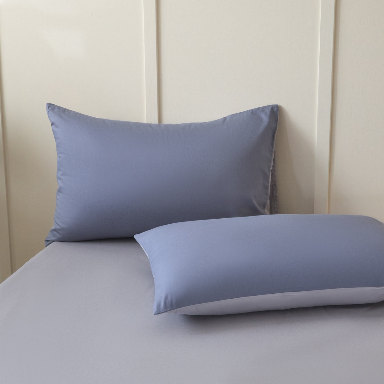 91家纺网 家纺一手货源 找家纺 乐美家纺 2025新款全棉纯棉纯色双拼多规格四件套 布鲁兰+石灰