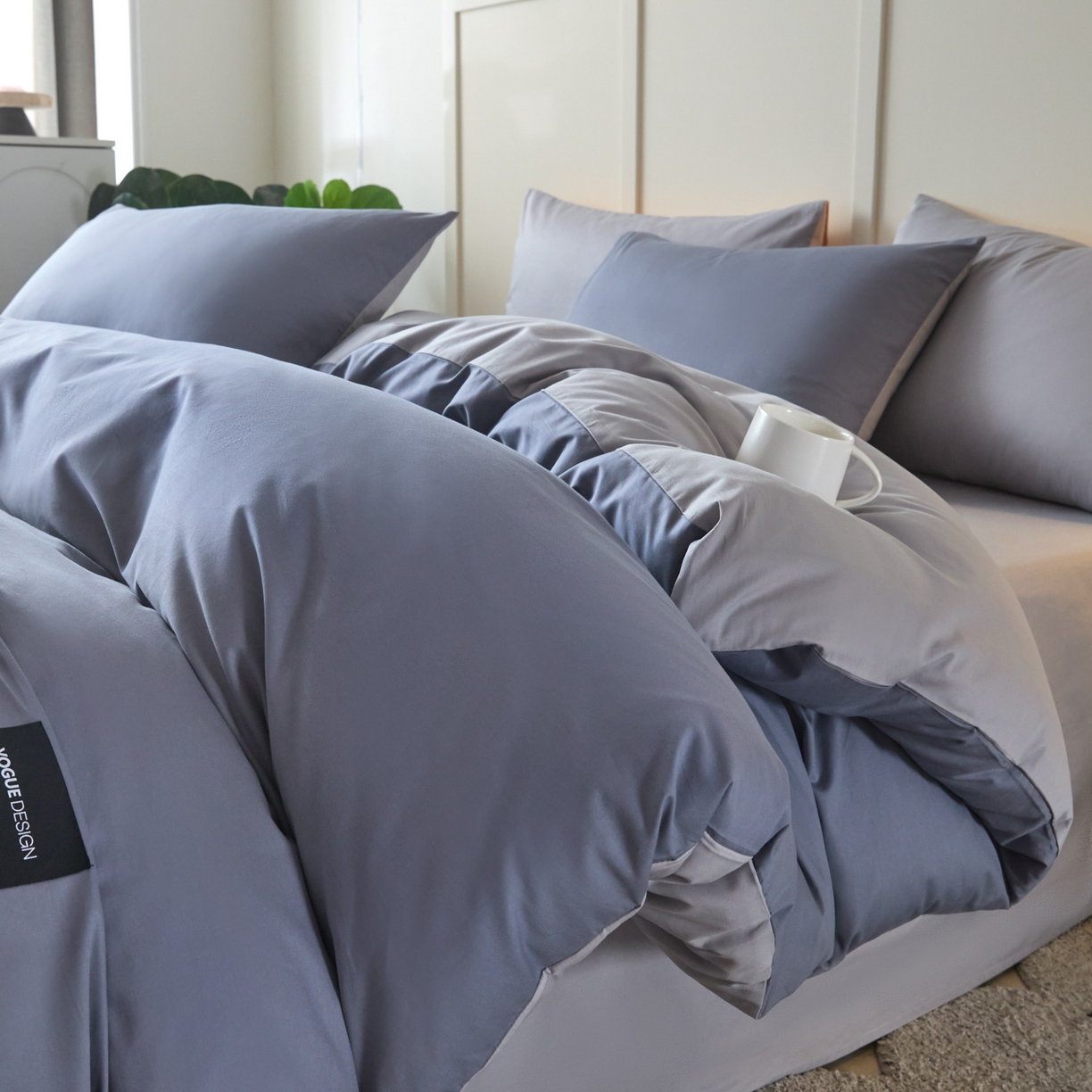 91家纺网 家纺一手货源 找家纺 乐美家纺 2025新款全棉纯棉纯色双拼多规格四件套 布鲁兰+石灰