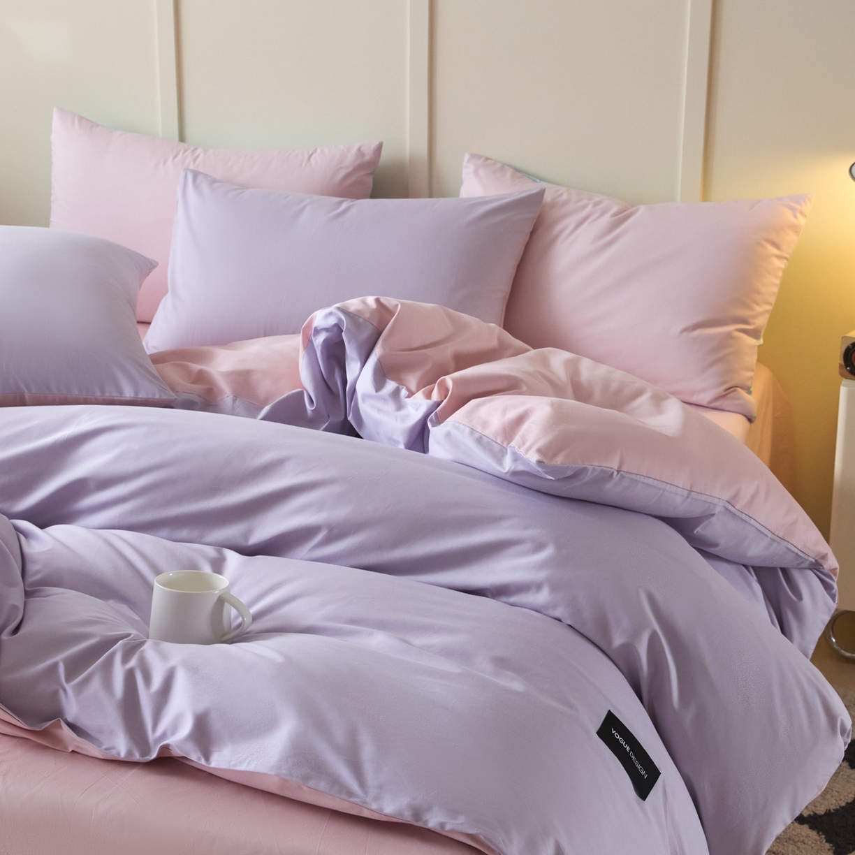 91家纺网 家纺一手货源 找家纺 乐美家纺 2025新款全棉纯棉纯色双拼多规格四件套 丁香紫+芍药粉