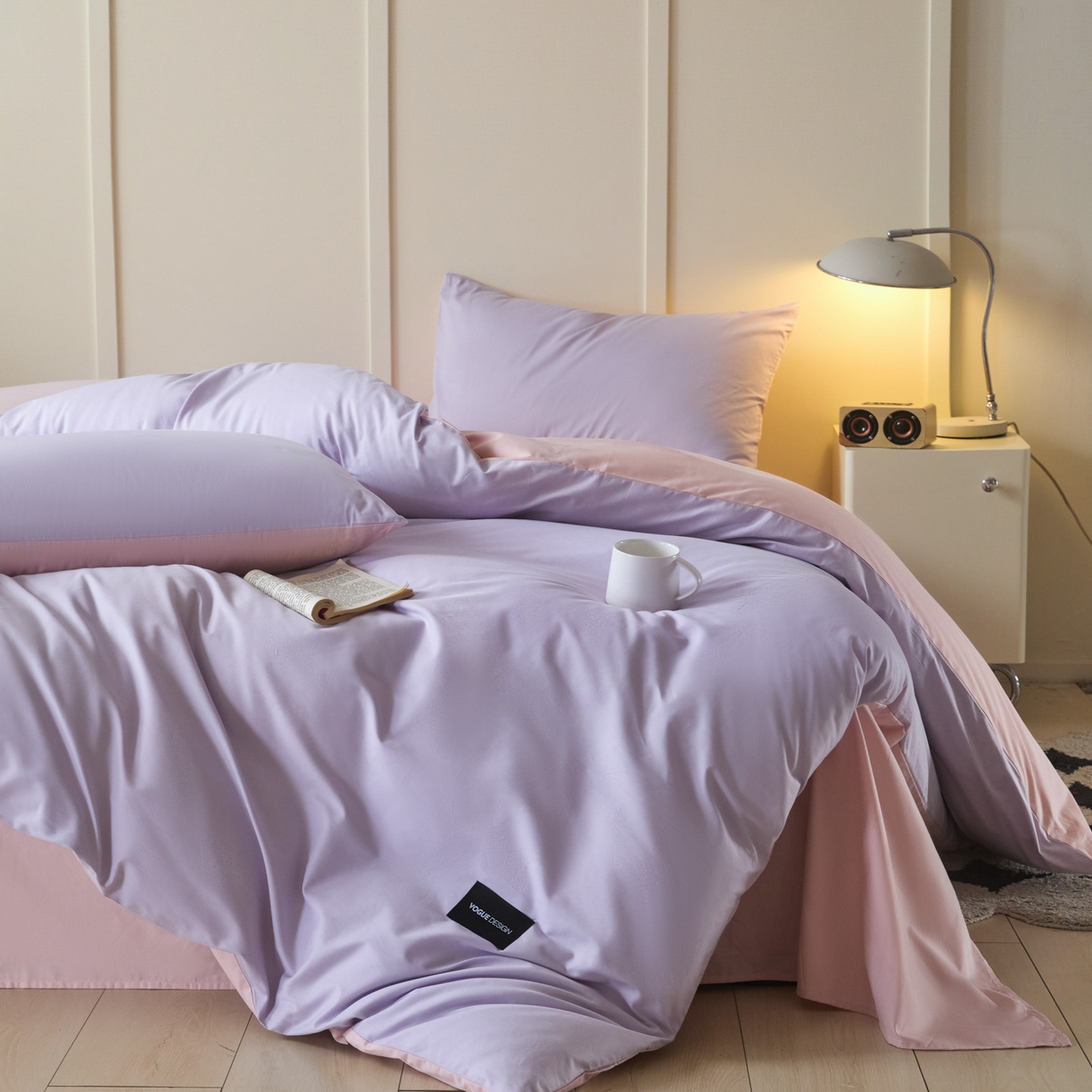 91家纺网 家纺一手货源 找家纺 乐美家纺 2025新款全棉纯棉纯色双拼多规格四件套 丁香紫+芍药粉