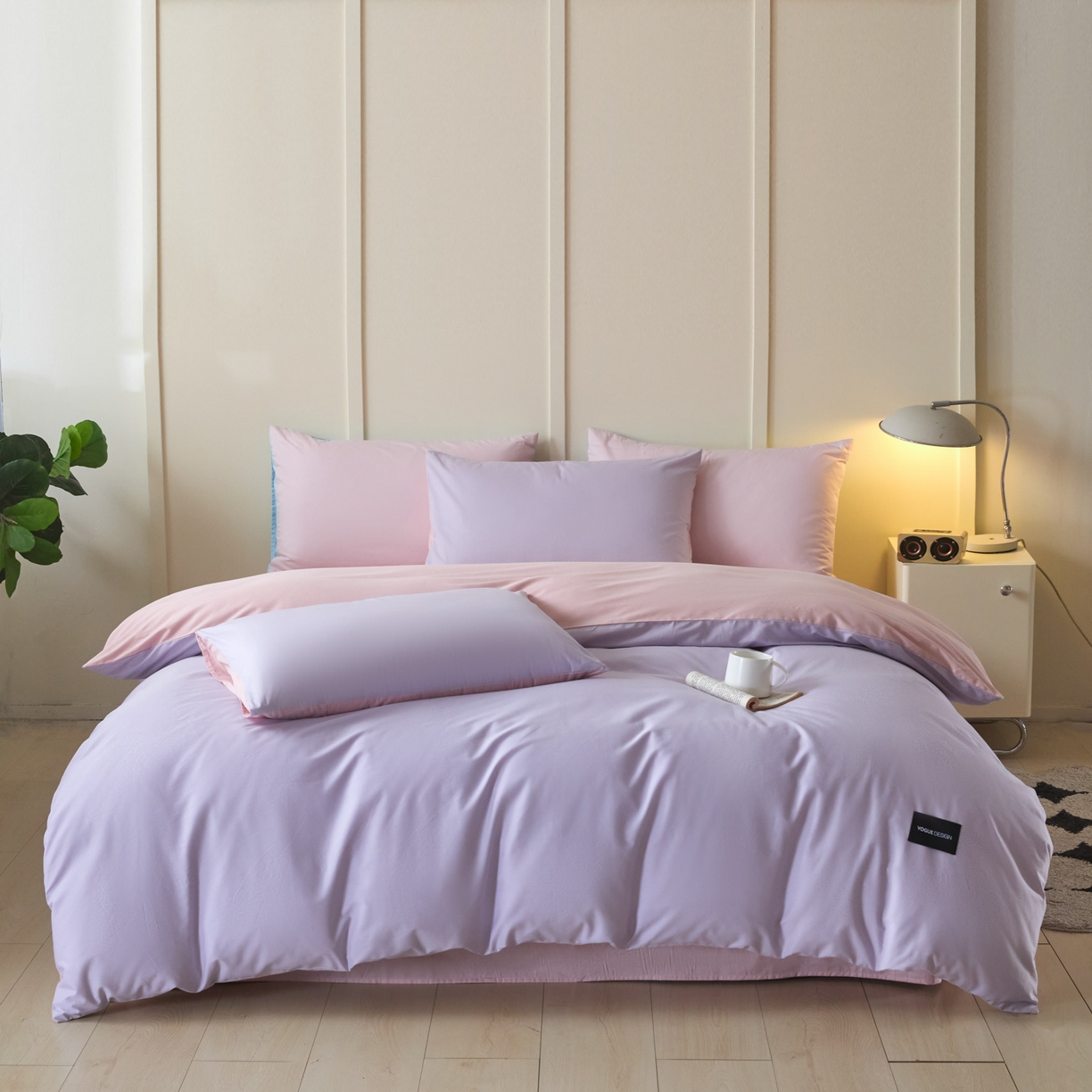 91家纺网 家纺一手货源 找家纺 乐美家纺 2025新款全棉纯棉纯色双拼多规格四件套 丁香紫+芍药粉