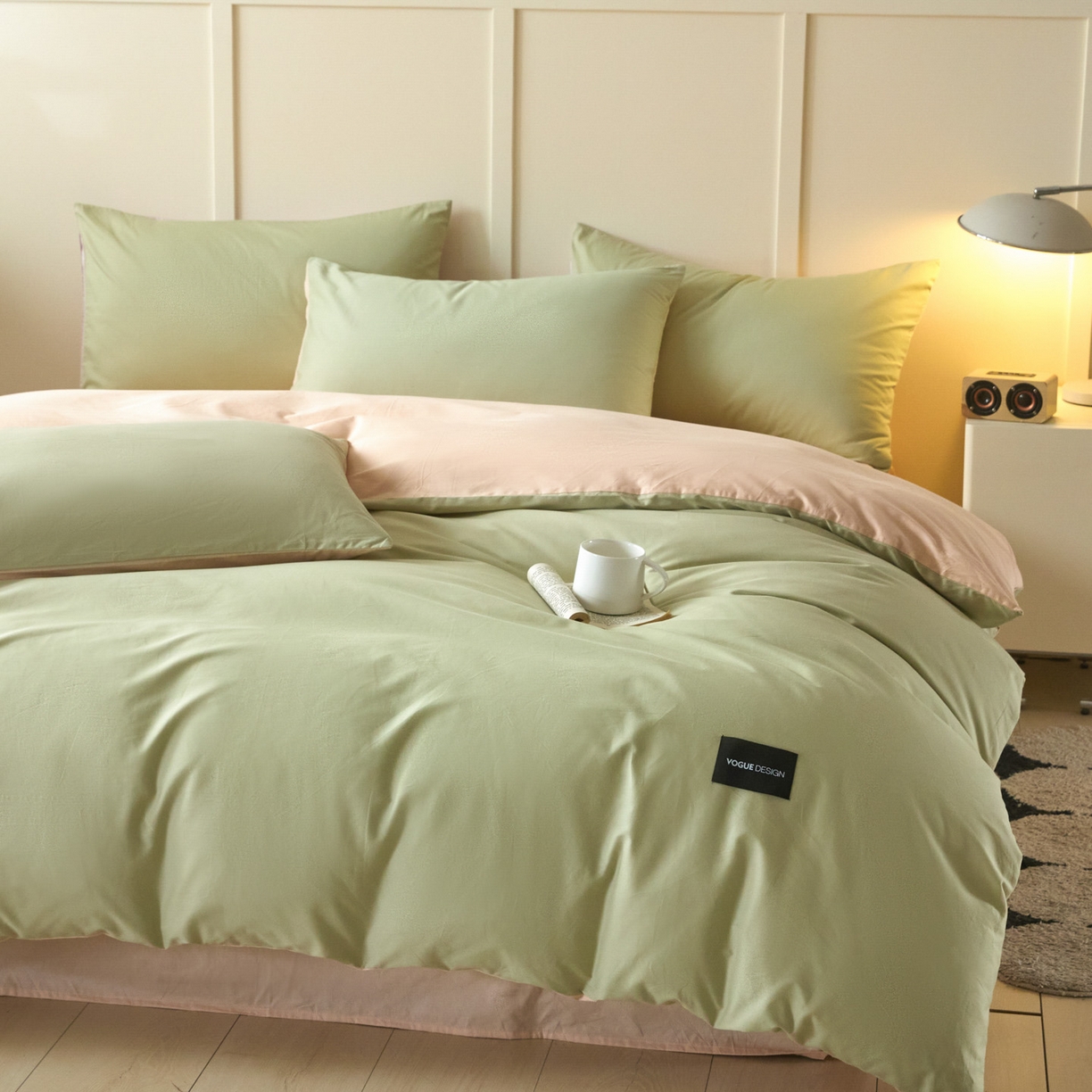 91家纺网 家纺一手货源 找家纺 乐美家纺 2025新款全棉纯棉纯色双拼多规格四件套 豆绿+米杏