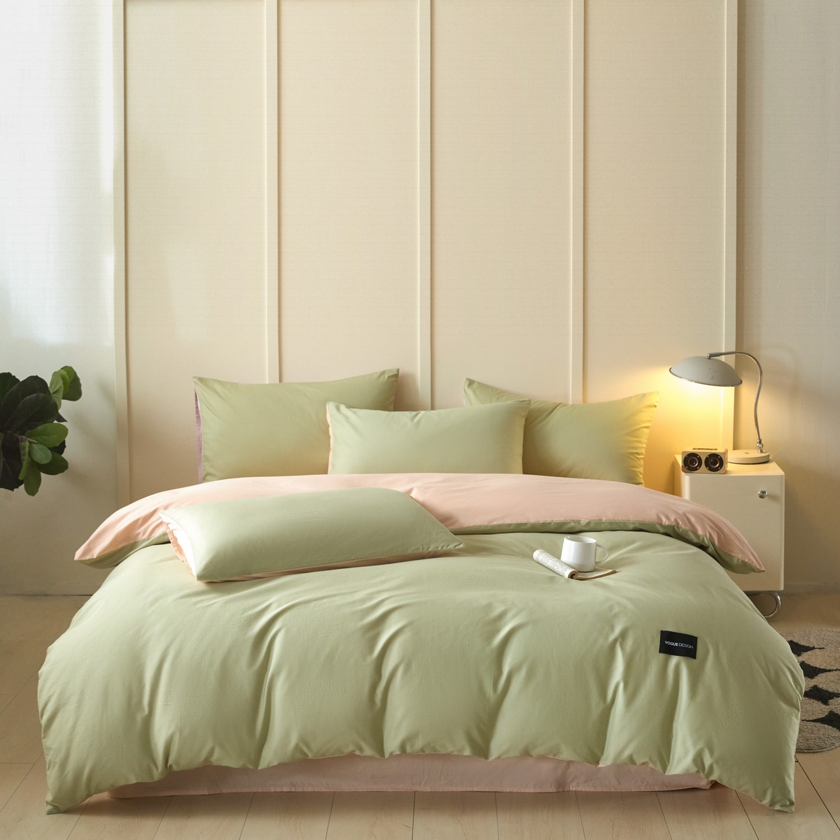 91家纺网 家纺一手货源 找家纺 乐美家纺 2025新款全棉纯棉纯色双拼多规格四件套 豆绿+米杏