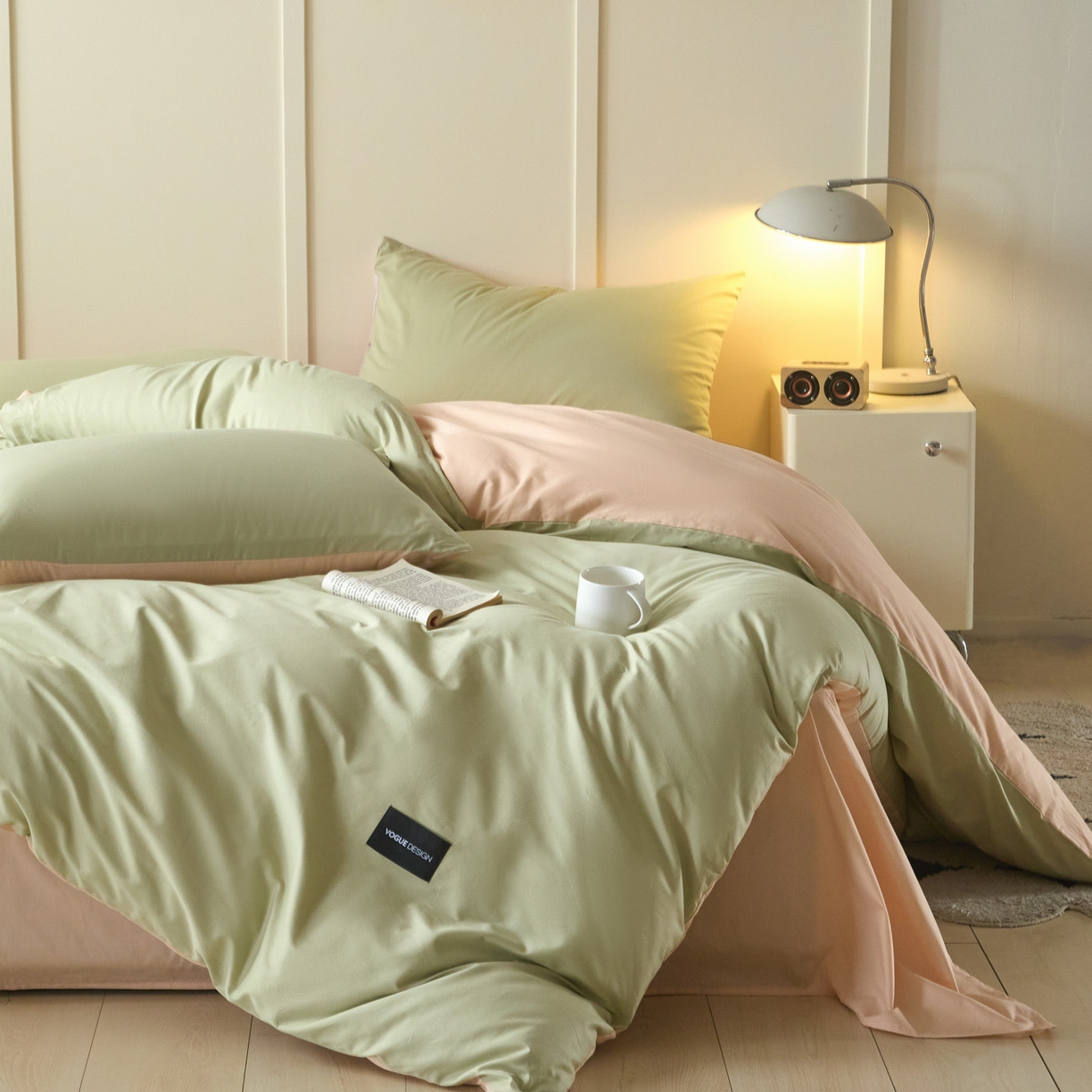91家纺网 家纺一手货源 找家纺 乐美家纺 2025新款全棉纯棉纯色双拼多规格四件套 豆绿+米杏