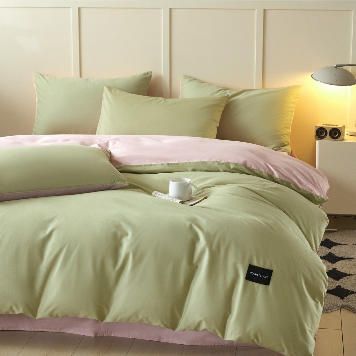 91家纺网 家纺一手货源 找家纺 乐美家纺 2025新款全棉纯棉纯色双拼多规格四件套 豆绿+西梅粉