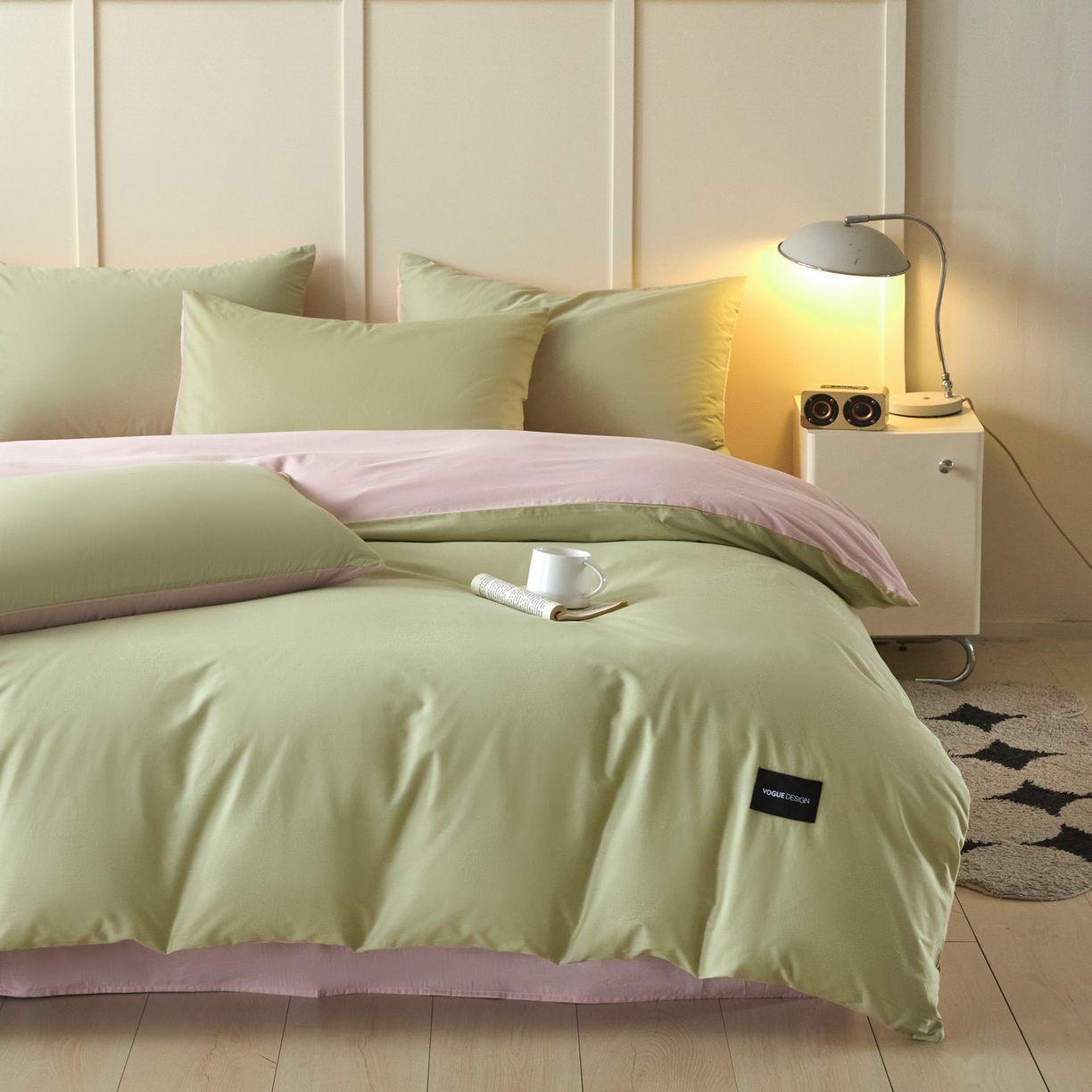 91家纺网 家纺一手货源 找家纺 乐美家纺 2025新款全棉纯棉纯色双拼多规格四件套 豆绿+西梅粉