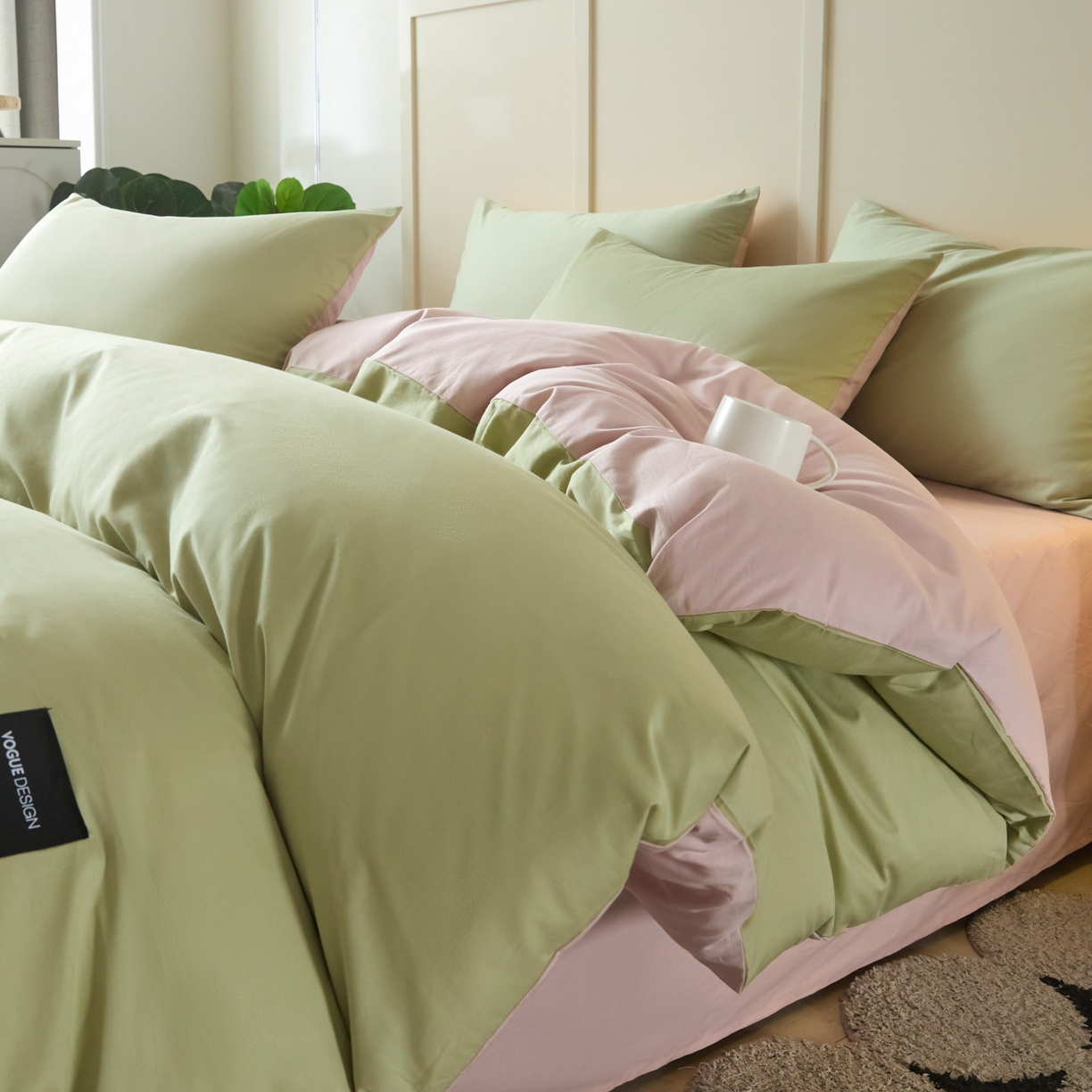 91家纺网 家纺一手货源 找家纺 乐美家纺 2025新款全棉纯棉纯色双拼多规格四件套 豆绿+西梅粉