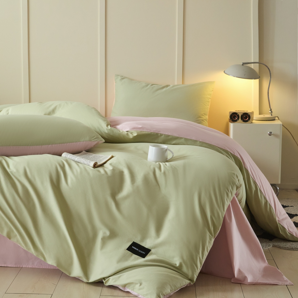 91家纺网 家纺一手货源 找家纺 乐美家纺 2025新款全棉纯棉纯色双拼多规格四件套 豆绿+西梅粉