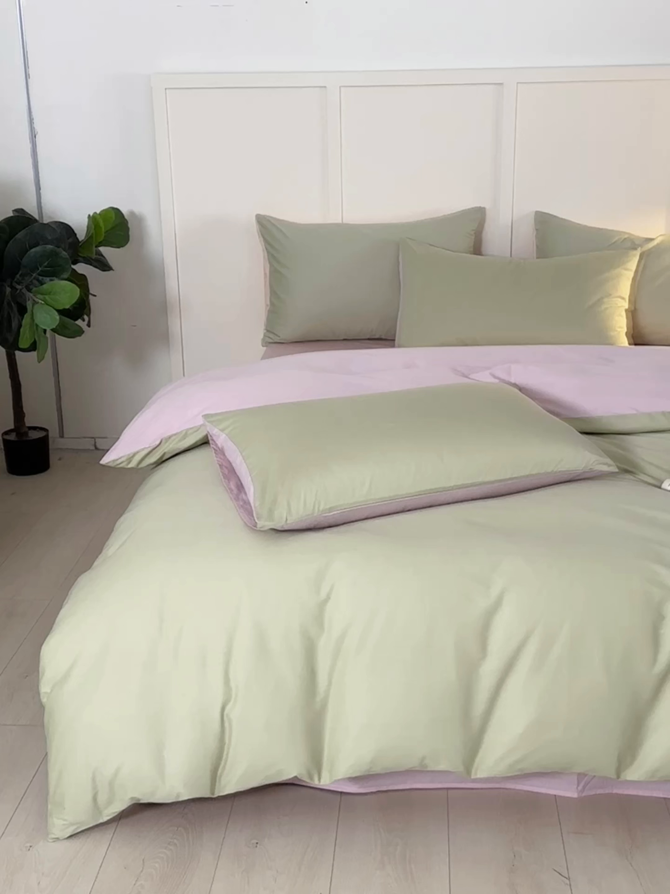 91家纺网 家纺一手货源 找家纺 乐美家纺 2025新款全棉纯棉纯色双拼多规格四件套 豆绿+西梅粉