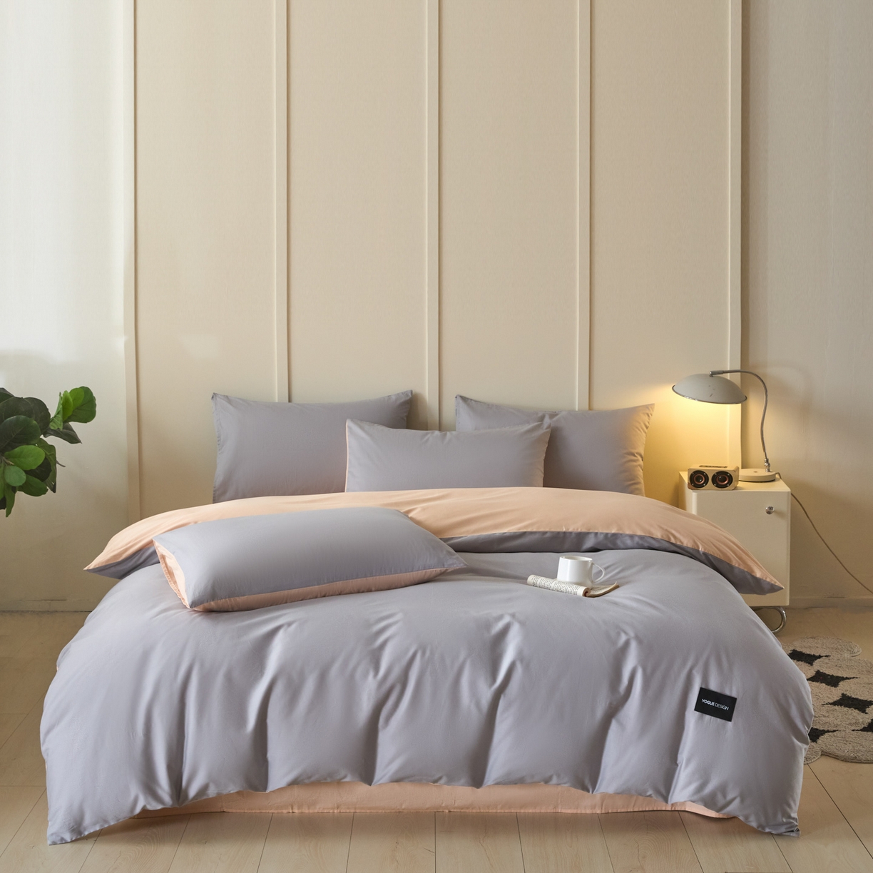 91家纺网 家纺一手货源 找家纺 乐美家纺 2025新款全棉纯棉纯色双拼多规格四件套 石灰+米杏