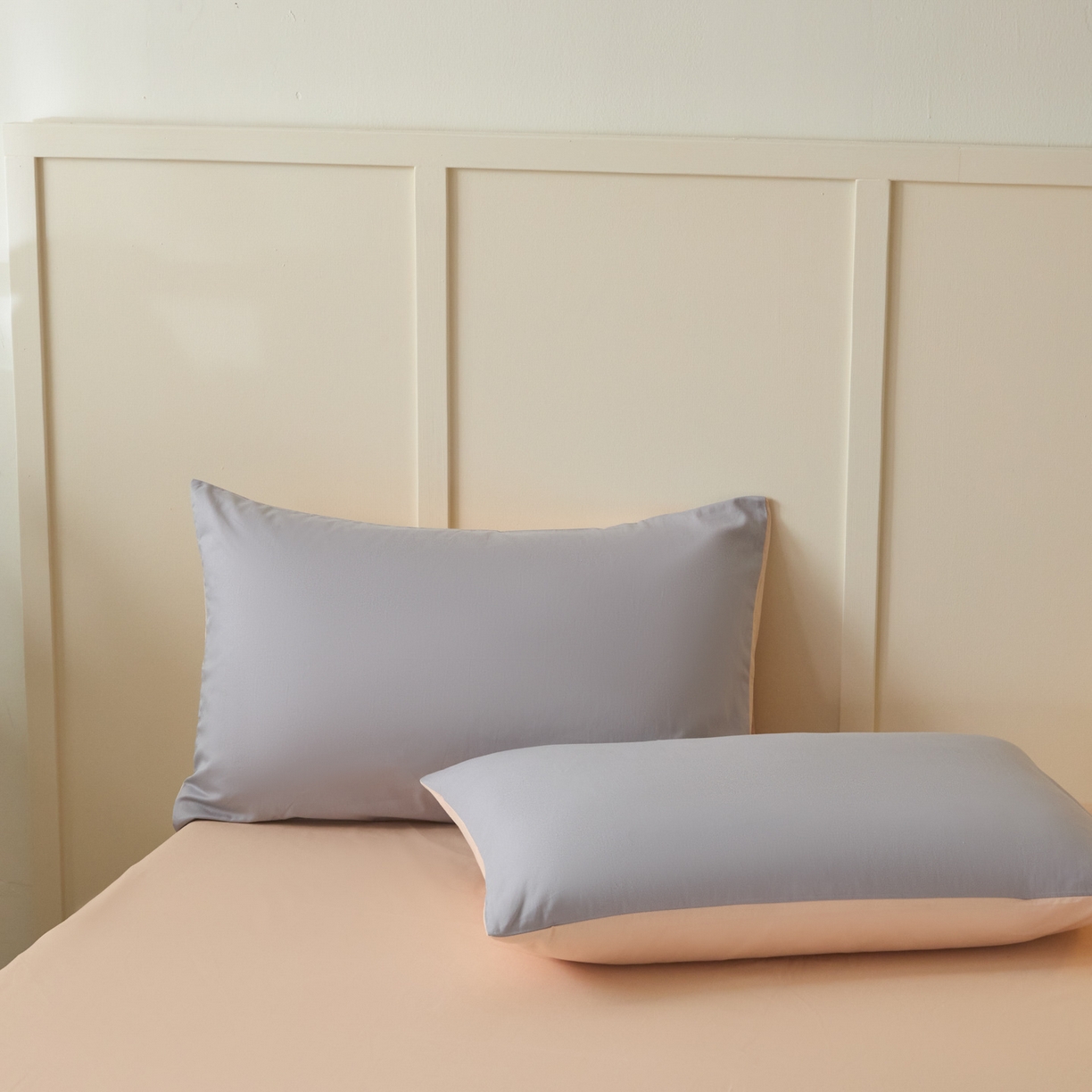 91家纺网 家纺一手货源 找家纺 乐美家纺 2025新款全棉纯棉纯色双拼多规格四件套 石灰+米杏