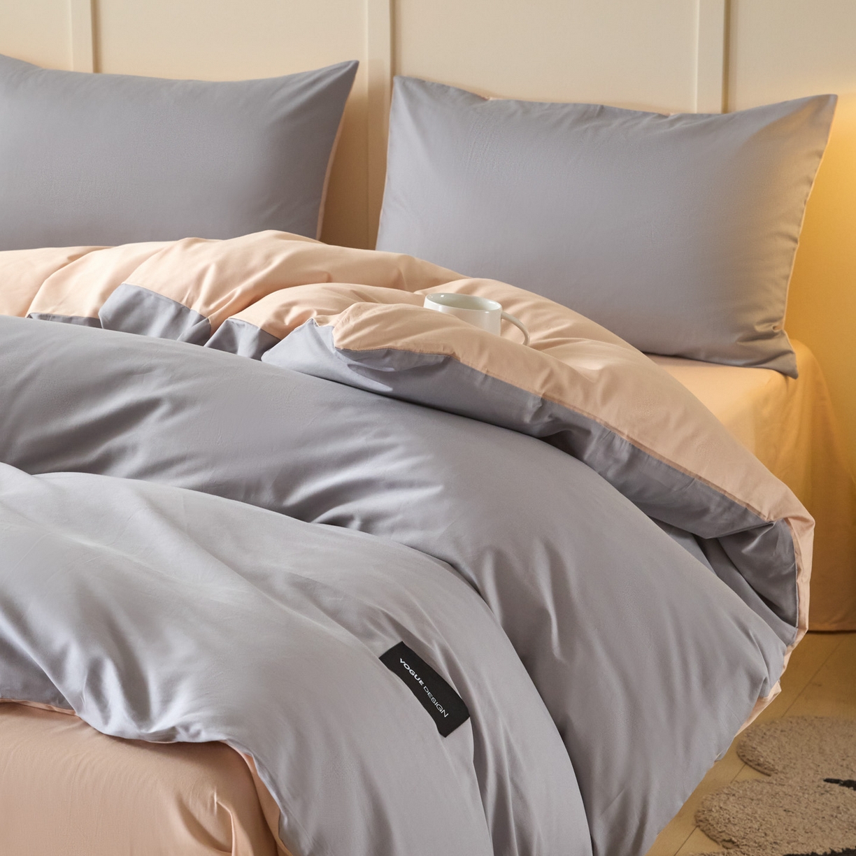 91家纺网 家纺一手货源 找家纺 乐美家纺 2025新款全棉纯棉纯色双拼多规格四件套 石灰+米杏