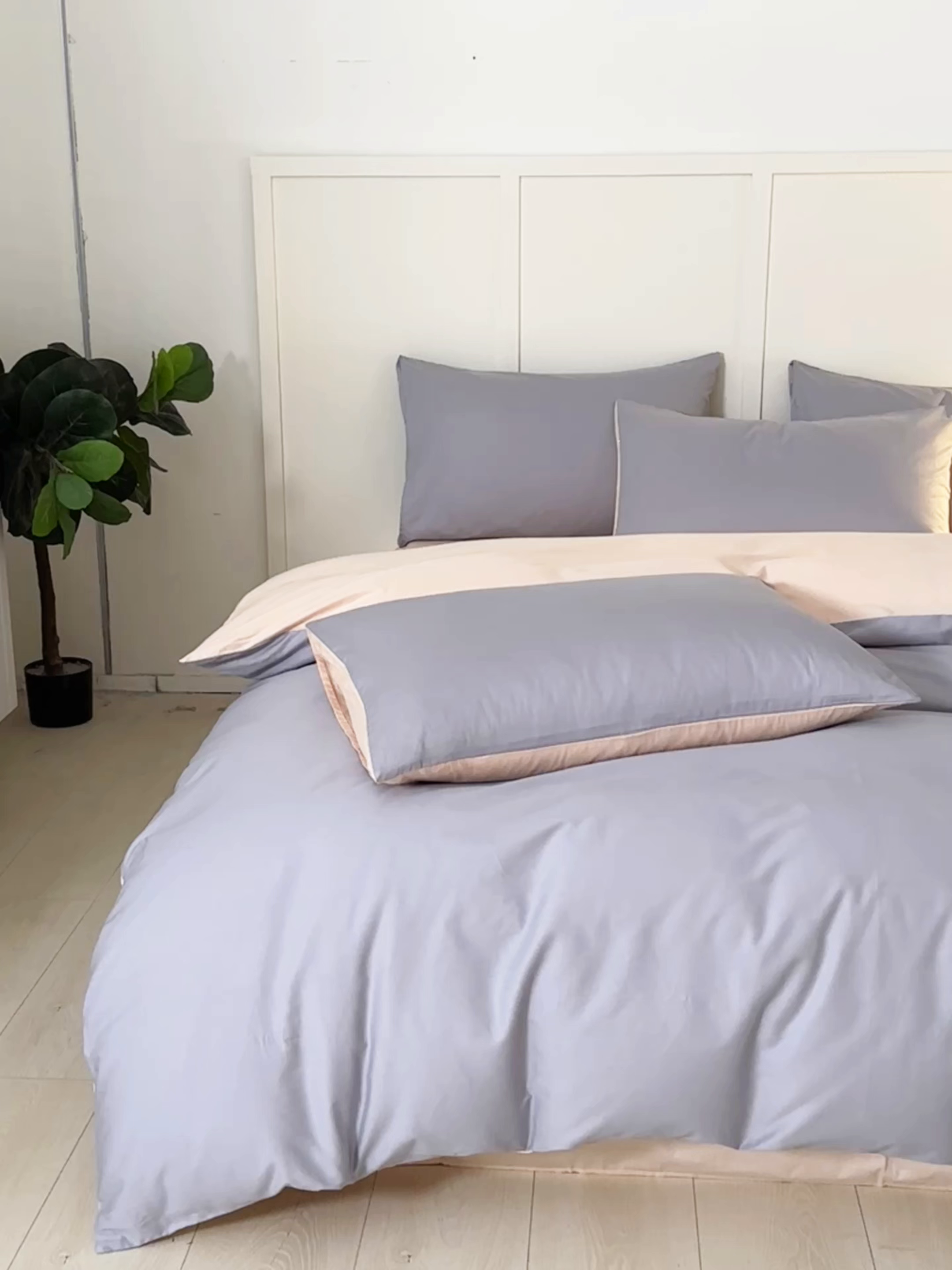 91家纺网 家纺一手货源 找家纺 乐美家纺 2025新款全棉纯棉纯色双拼多规格四件套 石灰+米杏