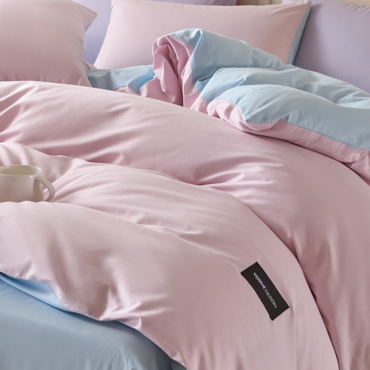 91家纺网 家纺一手货源 找家纺 乐美家纺 2025新款全棉纯棉纯色双拼多规格四件套 微微紫+粉末蓝