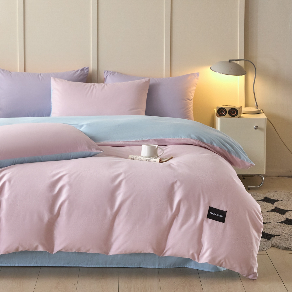 91家纺网 家纺一手货源 找家纺 乐美家纺 2025新款全棉纯棉纯色双拼多规格四件套 微微紫+粉末蓝