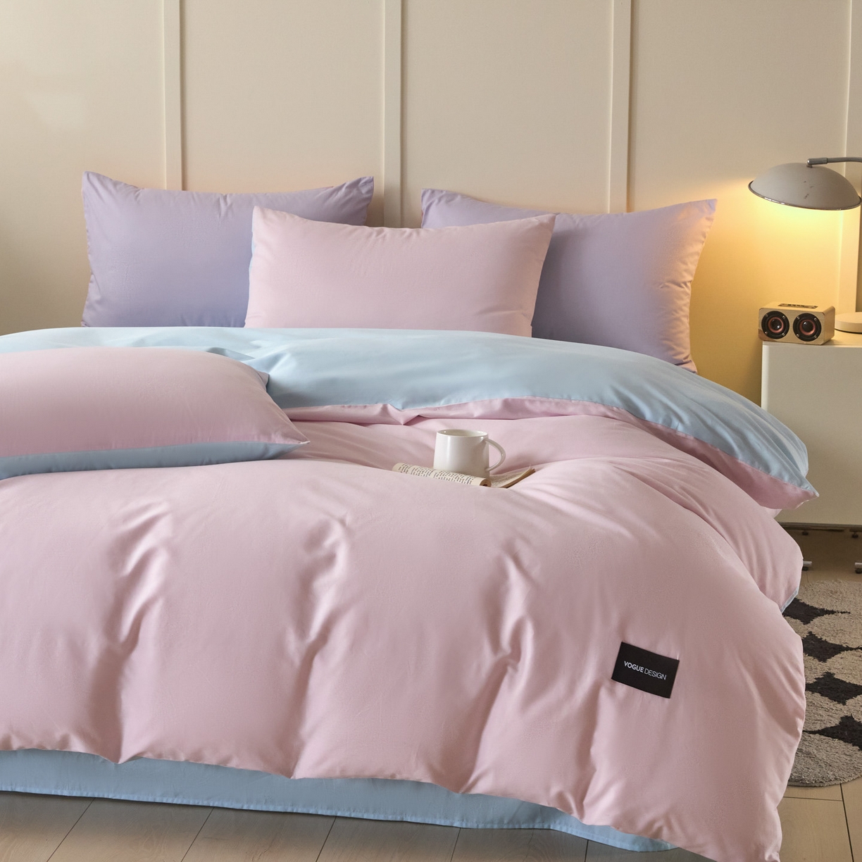 91家纺网 家纺一手货源 找家纺 乐美家纺 2025新款全棉纯棉纯色双拼多规格四件套 微微紫+粉末蓝