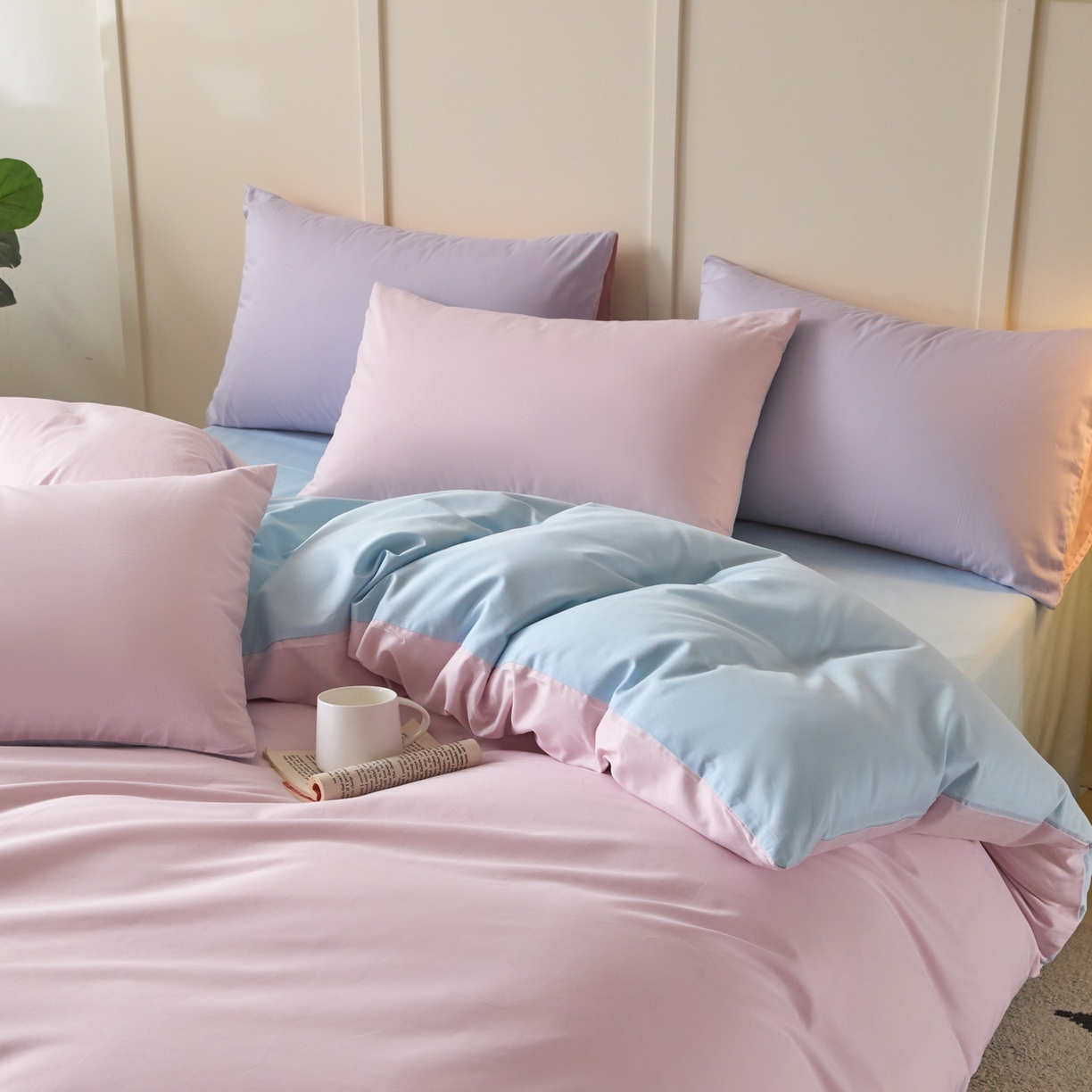 91家纺网 家纺一手货源 找家纺 乐美家纺 2025新款全棉纯棉纯色双拼多规格四件套 微微紫+粉末蓝