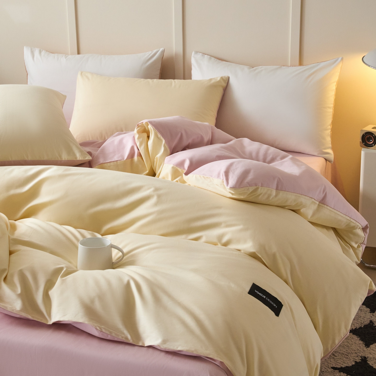 91家纺网 家纺一手货源 找家纺 乐美家纺 2025新款全棉纯棉纯色双拼多规格四件套 芝士黄+芍药粉