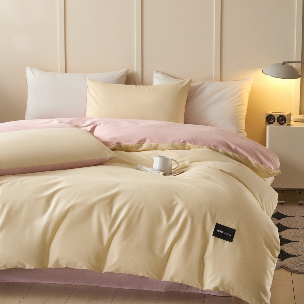 91家纺网 家纺一手货源 找家纺 乐美家纺 2025新款全棉纯棉纯色双拼多规格四件套 芝士黄+芍药粉