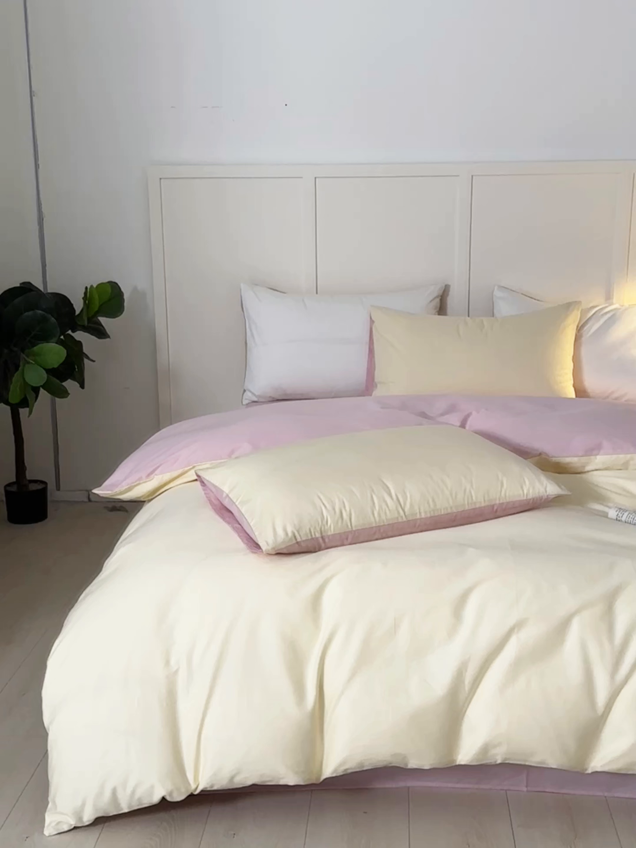 91家纺网 家纺一手货源 找家纺 乐美家纺 2025新款全棉纯棉纯色双拼多规格四件套 芝士黄+芍药粉