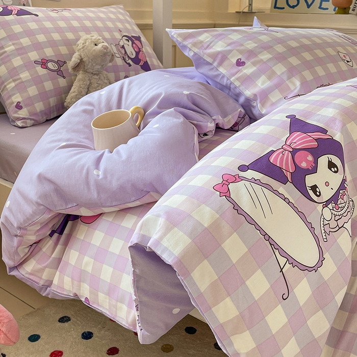 91家纺网 家纺一手货源 找家纺 蓝邻家纺 2025年新款三丽鸥正版授权全棉印花四件套系列-学生床 格子库洛米