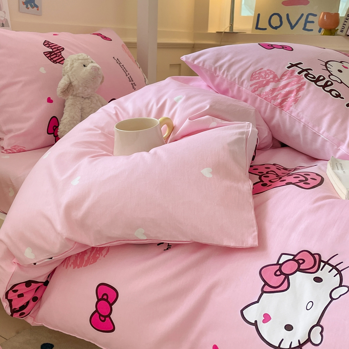 91家纺网 家纺一手货源 找家纺 蓝邻家纺 2025年新款三丽鸥正版授权全棉印花四件套系列-学生床 开心凯蒂