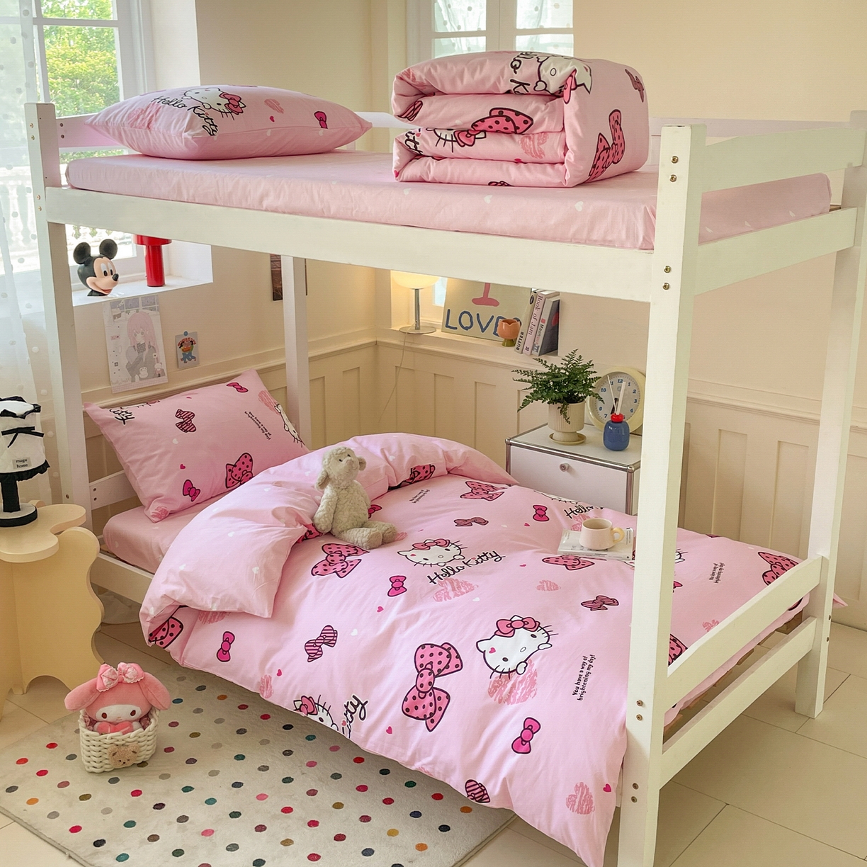 91家纺网 家纺一手货源 找家纺 蓝邻家纺 2025年新款三丽鸥正版授权全棉印花四件套系列-学生床 开心凯蒂