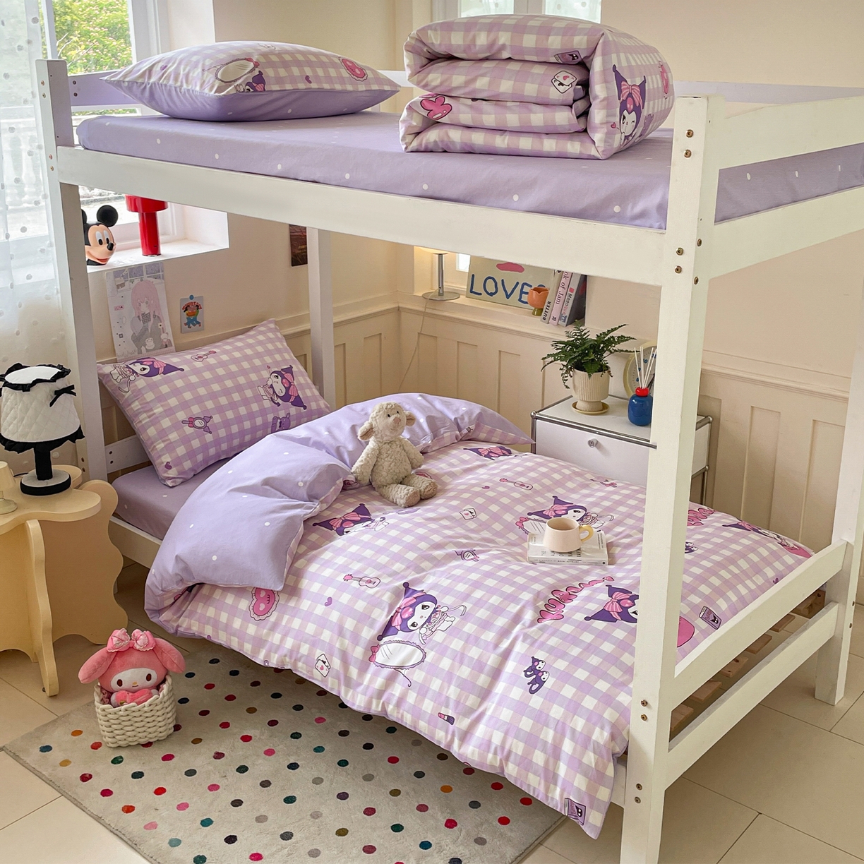 91家纺网 家纺一手货源 找家纺 蓝邻家纺 2025年新款三丽鸥正版授权全棉印花四件套系列-学生床 格子库洛米