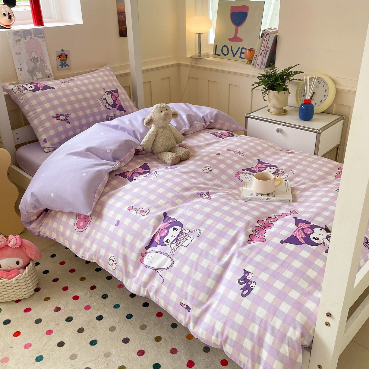 91家纺网 家纺一手货源 找家纺 蓝邻家纺 2025年新款三丽鸥正版授权全棉印花四件套系列-学生床 格子库洛米