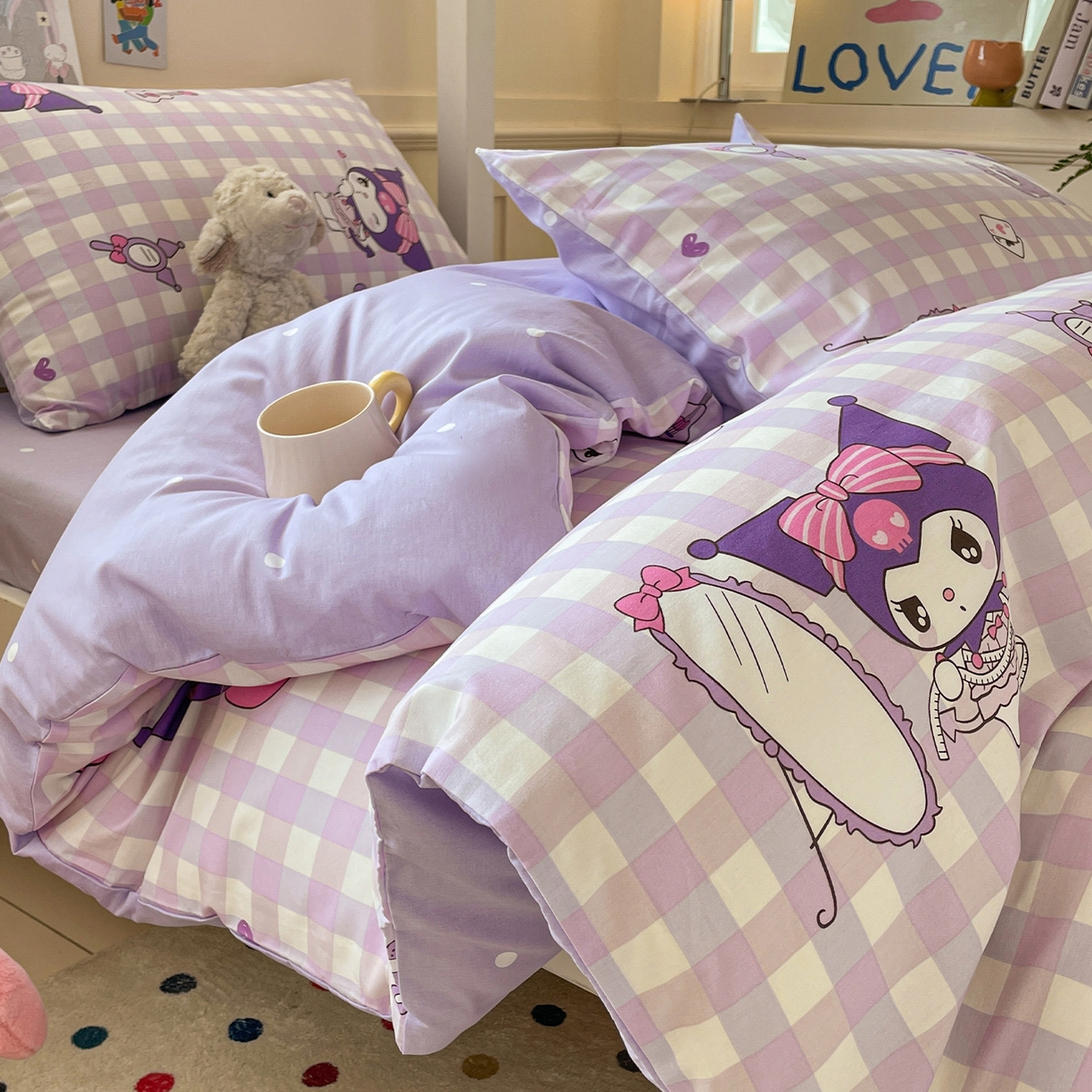 91家纺网 家纺一手货源 找家纺 蓝邻家纺 2025年新款三丽鸥正版授权全棉印花四件套系列-学生床 格子库洛米