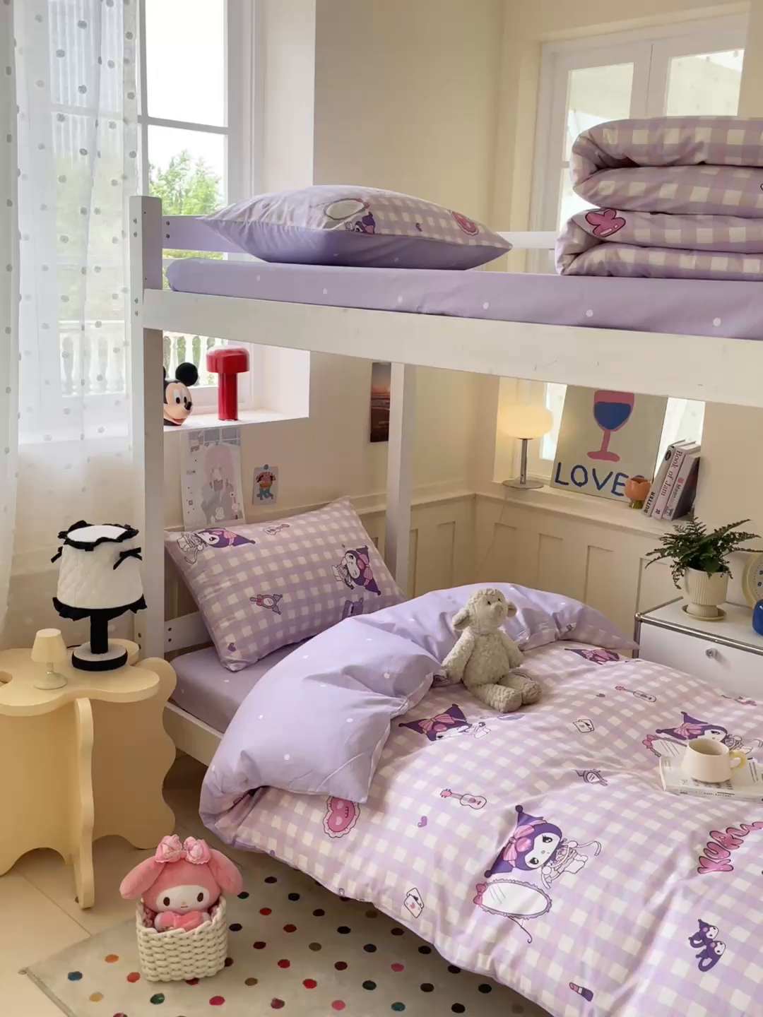 91家纺网 家纺一手货源 找家纺 蓝邻家纺 2025年新款三丽鸥正版授权全棉印花四件套系列-学生床 格子库洛米