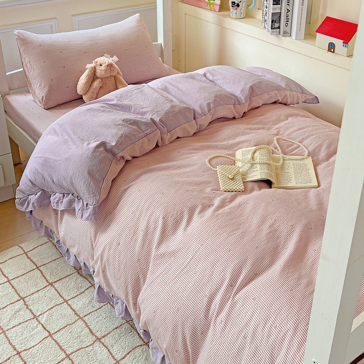 91家纺网 家纺一手货源 找家纺 （总）纽缦家纺 2025新款云感提花双层纱韩版三件套宿舍三件套上下铺三件套