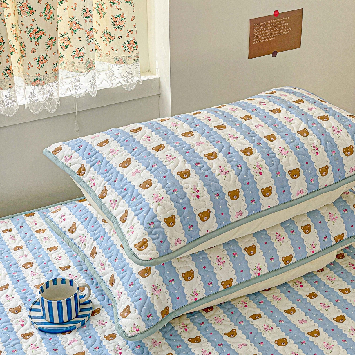 纽缦家纺 2025春夏新款A类水洗棉加棉枕套单枕套枕套单件 小熊拉钩蓝