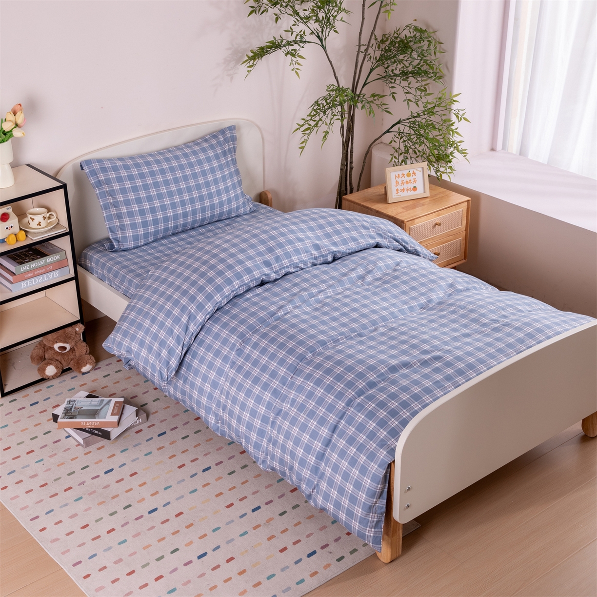 91家纺网 家纺一手货源 找家纺 凌云家纺 2025新款13372全棉纯棉学生床单款三件套上下铺宿舍六件套一整套 麦田蓝