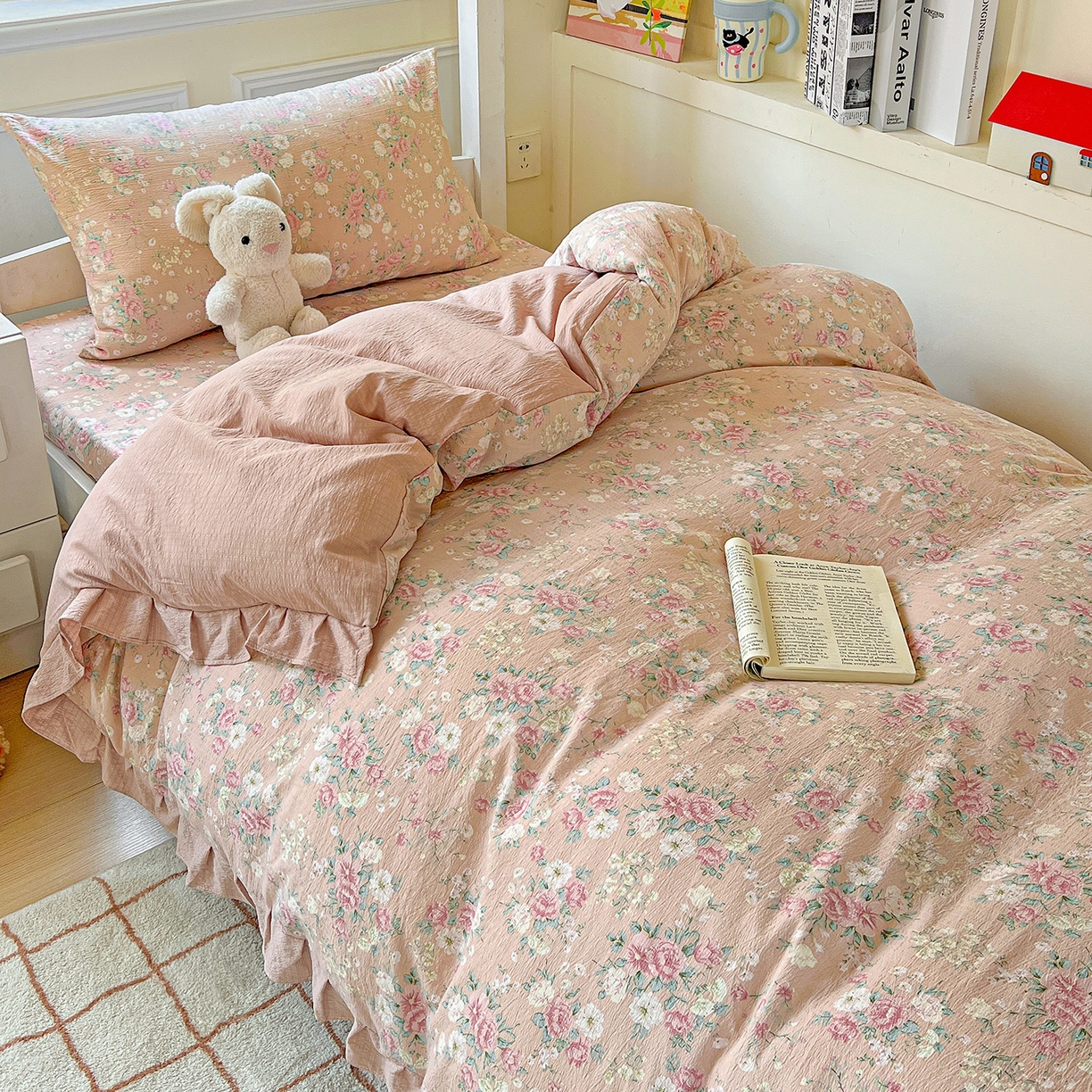 91家纺网 家纺一手货源 找家纺 纽缦家纺 2025新款云感提花双层纱韩版三件套宿舍三件套上下铺三件套 爱如星辰