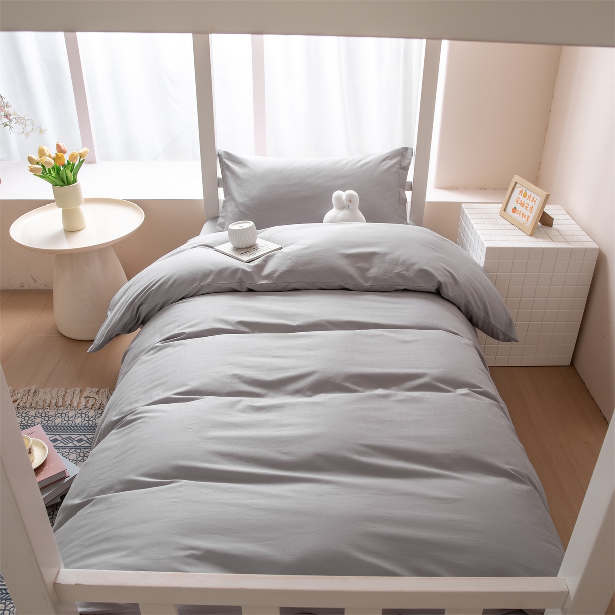 91家纺网 家纺一手货源 找家纺 凌云家纺 2025新款13372全棉纯棉学生床单款三件套上下铺宿舍六件套一整套 简约灰